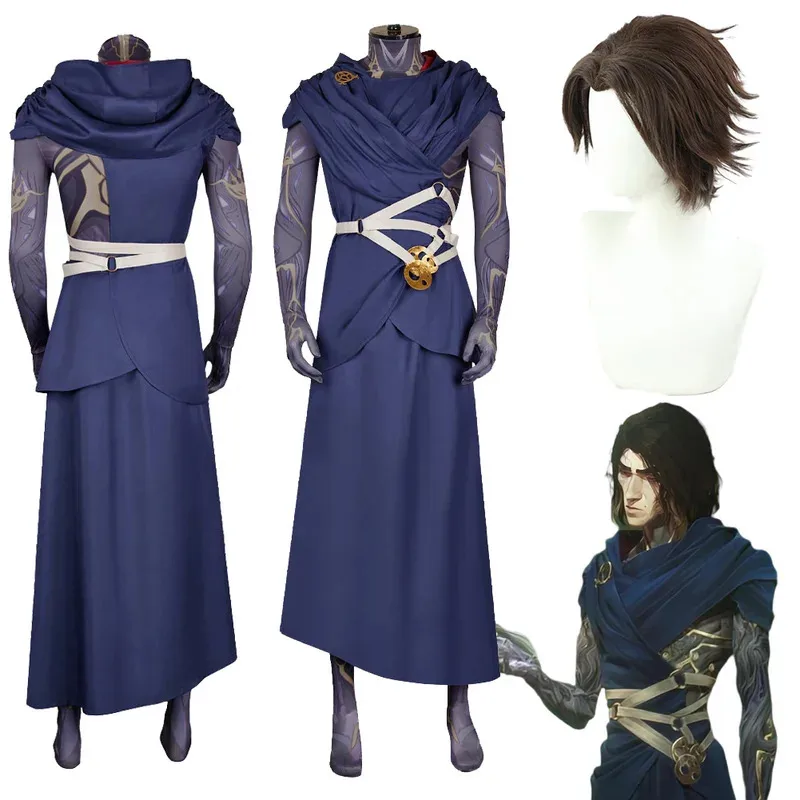 

Arcane Viktor Costume Printed Jumpsuit Game LoL Viktor Cosplay Costume Wig Dark Blue Set Clothing Halloween Roleplay Suits