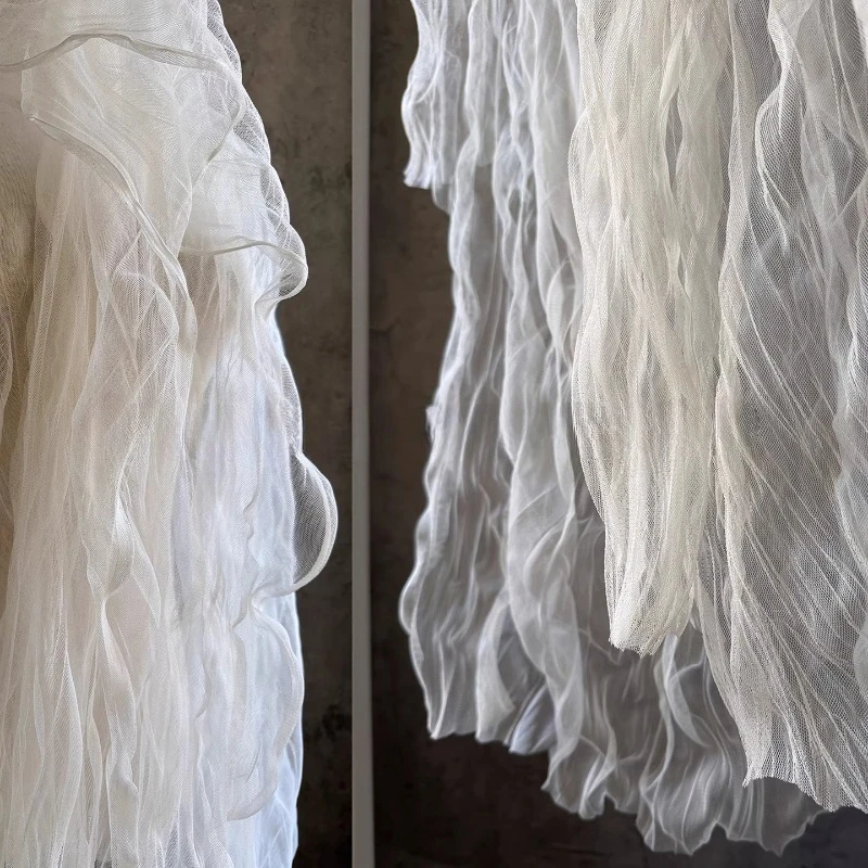 Pale Beige Pleated Mesh Fabric Wedding Curtain Shooting Background Mesh Fabrics for Diy Sewing Clothing Cloth By The Meter