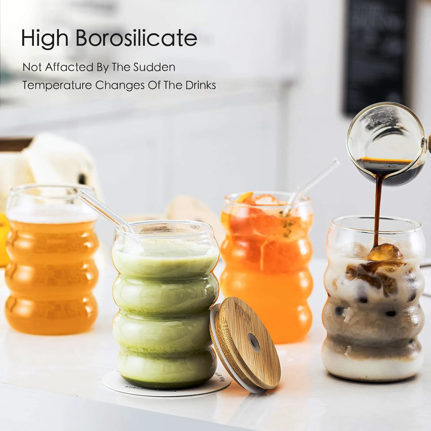 YWD 1/2/4PCS Glass Cup with Lid Straw Heat-resistant Wave Cup Beer Juice Ice Coffee Cups Cocktail Fruit Glass Drinkware