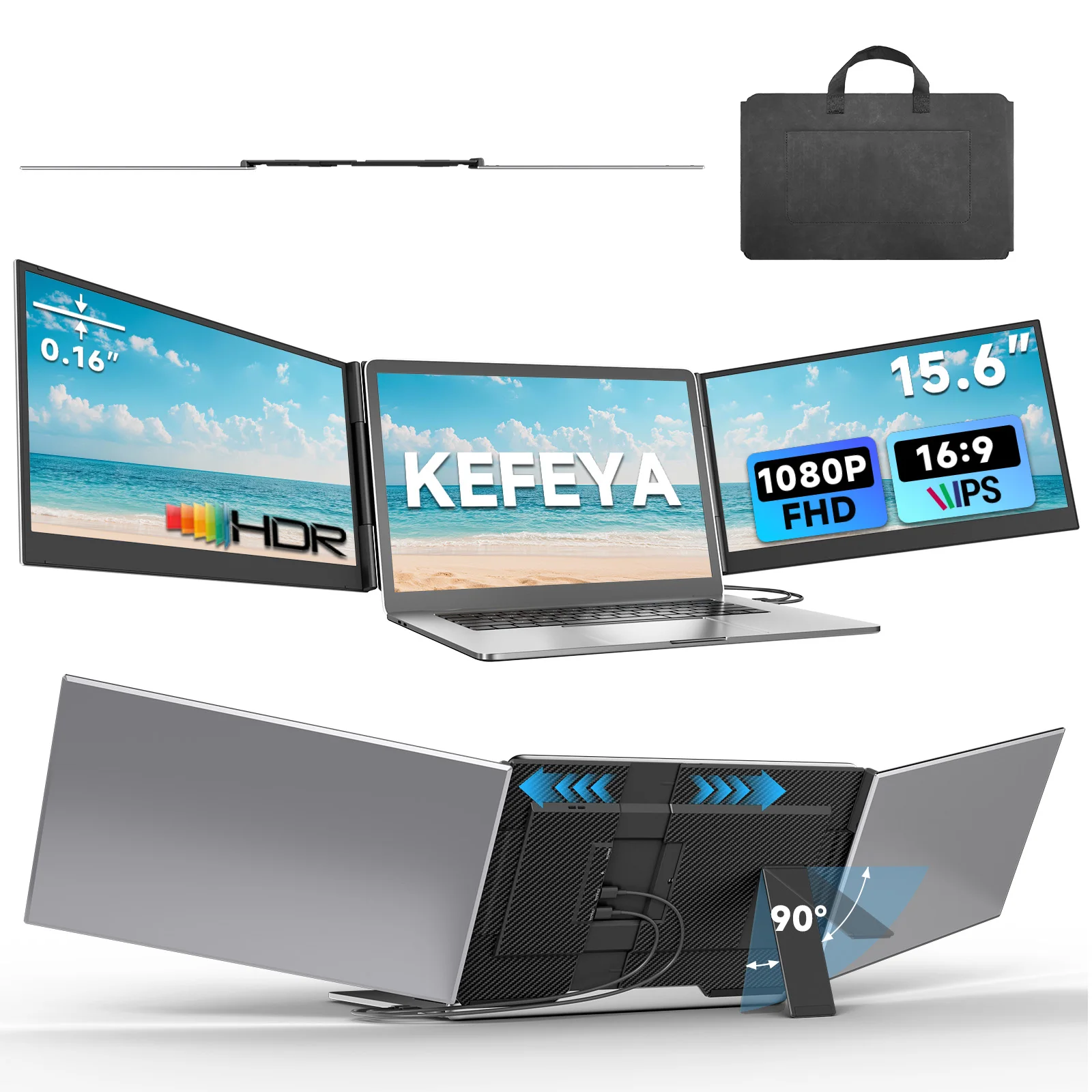 KEFEYA – ekstensja do laptopa z trzema ekranami, 15,6 cala, rozdzielczość FHD 1080p, kąt widzenia 178 stopni. ° Monitor przenośny z szerokim polem widzenia, częstotliwością 60 Hz, redukcją