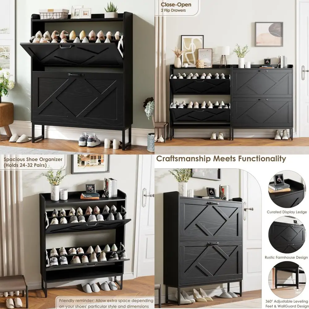 Organizador de zapatos independiente con 2 cajones, patas de metal, gabinete de zapatero estrecho