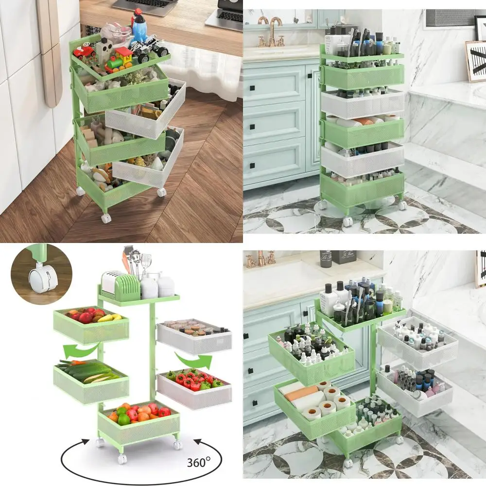 

5-уровневая зелено-белая кухонная полка на колесиках с корзиной для фруктов и органайзером для ванной комнаты