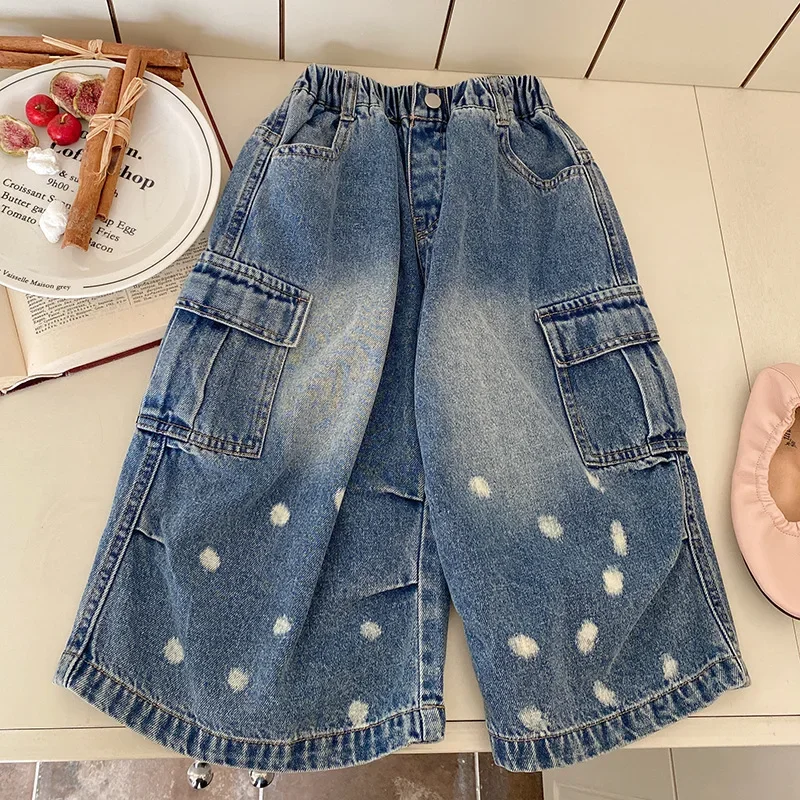 Childrens Set 2025 Spring New Vest Patchwork Bud Camisole Polka Dot Loose Wide Leg Jeans Girls Clothes Kids Two Piece Sets