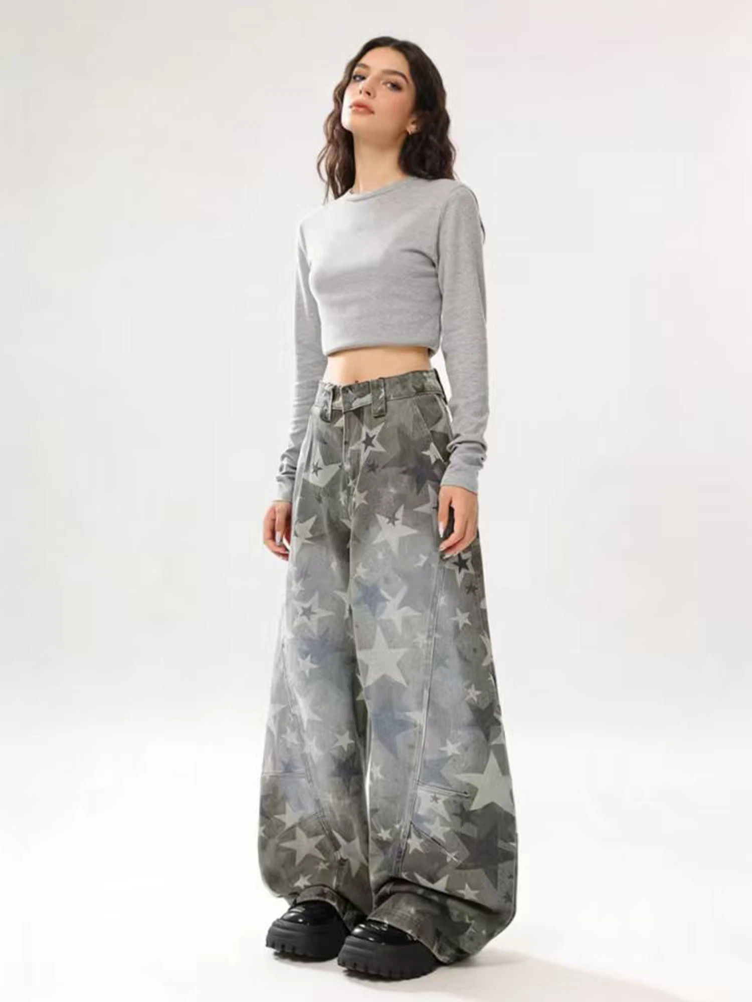 

Women's Green Baggy Y2k Star Jeans Hip Hop Grunge Wide Jean Pants Vintage Harajuku Denim Trousers for Women Alternative Clothes