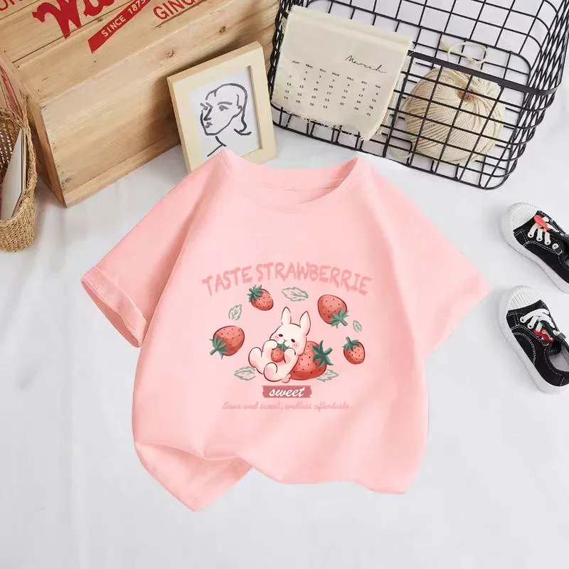 2024 Kids Cartoon taste srtrawberrie rabbit ​​T-shirt Boy Girl Clothes Baby Tee Kids tops For Children Short Sleeve Boys stitch