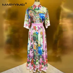 MARYYIMEI Elegant Women's Vacation Suit Summer Turn-Down Collar Single-Breasted Tops+Pleated Skirt Elegant Print 2 piece set