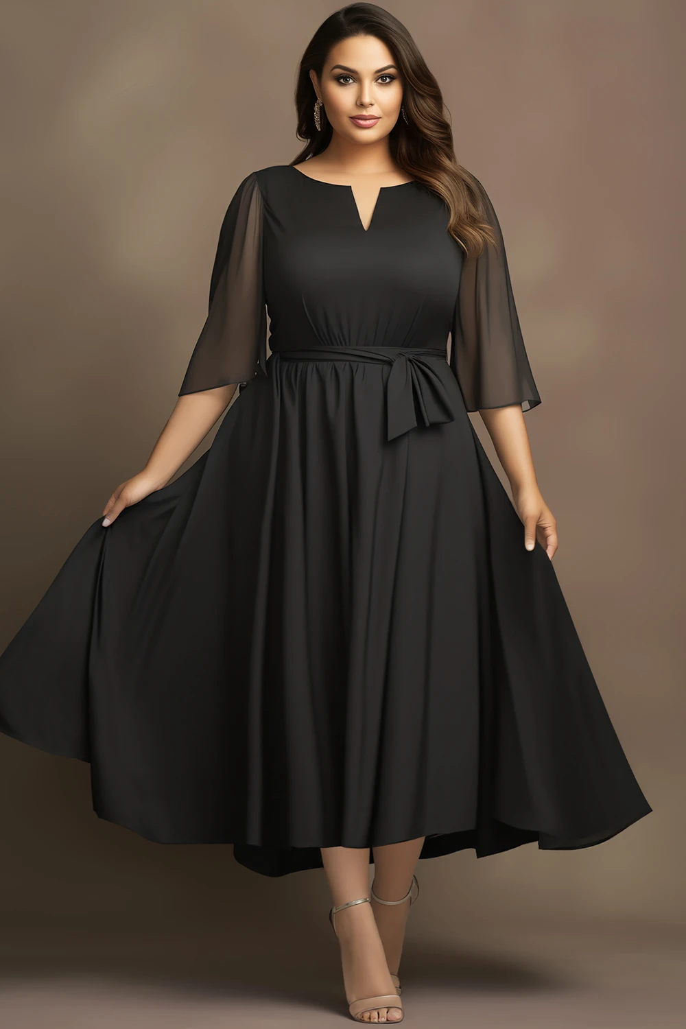 

Flycurvy Plus Size Everyday Black Lace-Up Flutter Sleeve Tea-Length Dress