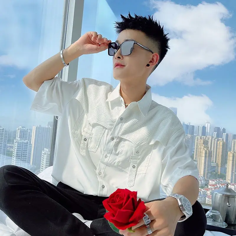 Design-sensual White for Men's Trendy Brand Loose Inch Shirt for Men's High-end Men's Summer Trendy Casual Half-sleeved Shirt