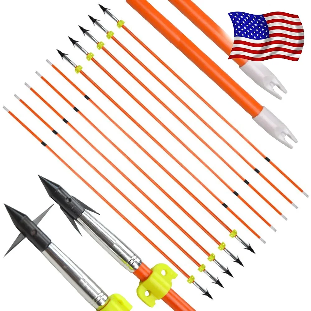 Bowfishing Arrows 6pcs Solid Fiberglass Replaceable Broadheads Safety Slides for Hunting Fishing Outdoor Shooting Practice Use