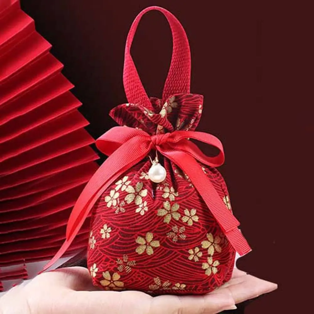 Ins Sakura Canvas Floral Drawstring Bag Pearl Pendant Satin Bow Festive Sugar Bag Stripe Bucket Bag Bowknot Handbag Wedding