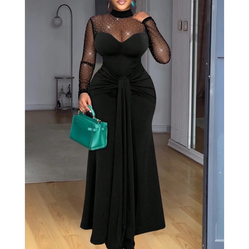 

Women Rhinestone Decor Mock Neck Mesh Yoke Zipper Back Party Dress Cinched Waist Draped Mermaid Hem Maxi Evening Dress