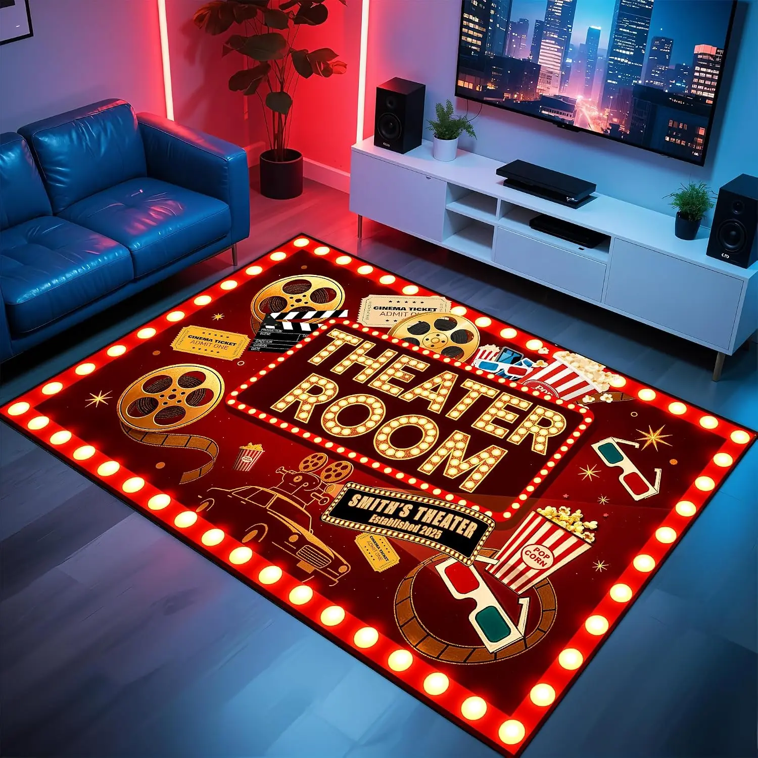 Movie Night Area Rug Home Theater Cinema Decor Washable Non-Slip Floor Carpet for Living Room Movie Lovers Gift