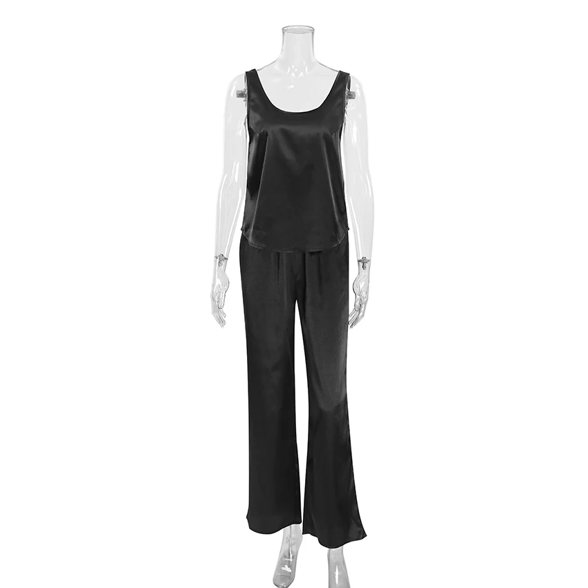 

Hiloc 2025 Black Basics Sleeveless Round Neck Vest Suit Woman Summer Home Solid Backless Pajama Outfit Pocket Wide-Leg Pants Set