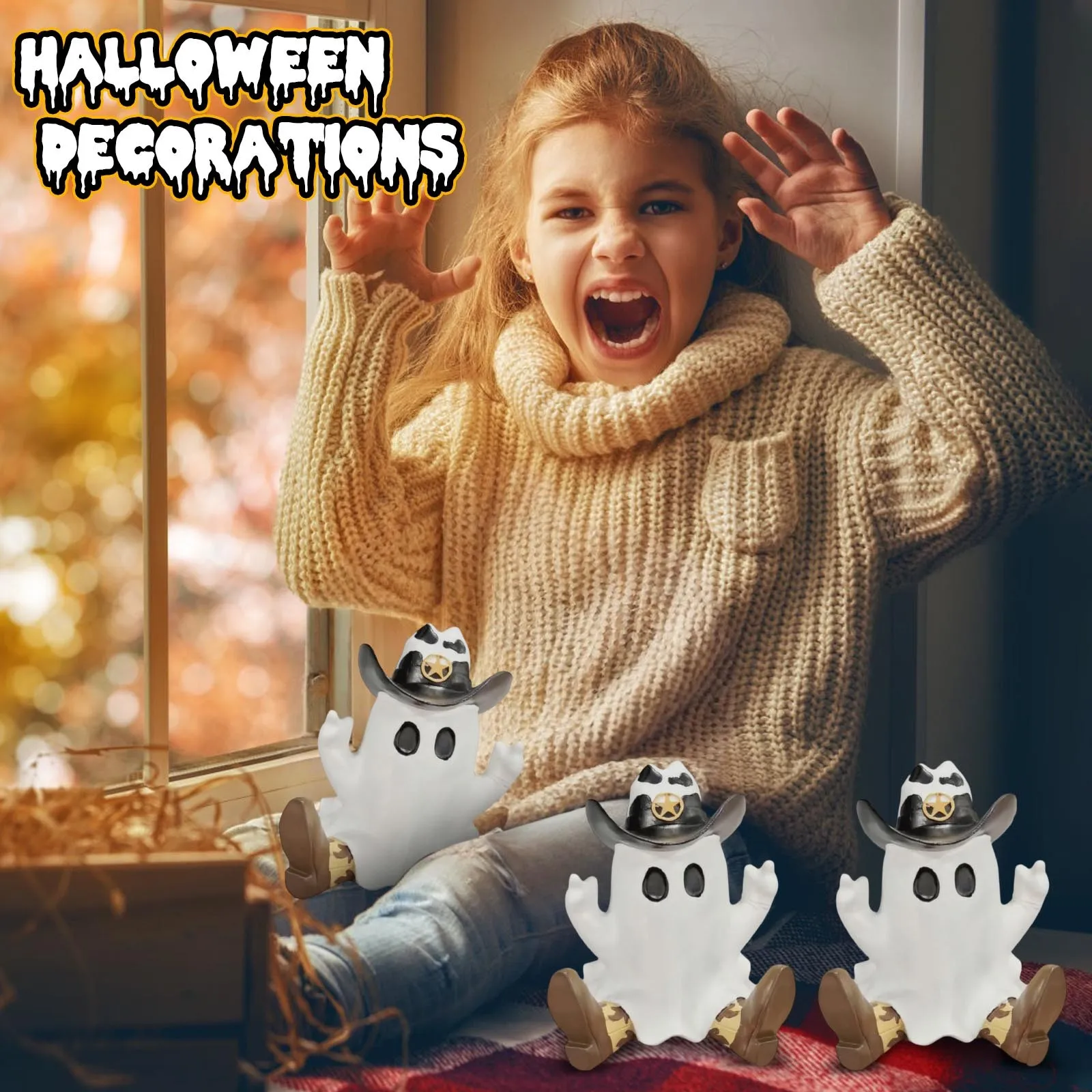 Cute Cowboy Ghost Halloween Decorations Trick Or Treat Tabletop Figurine Spooky Season Home Decor Indoor Party Supplies Ornament