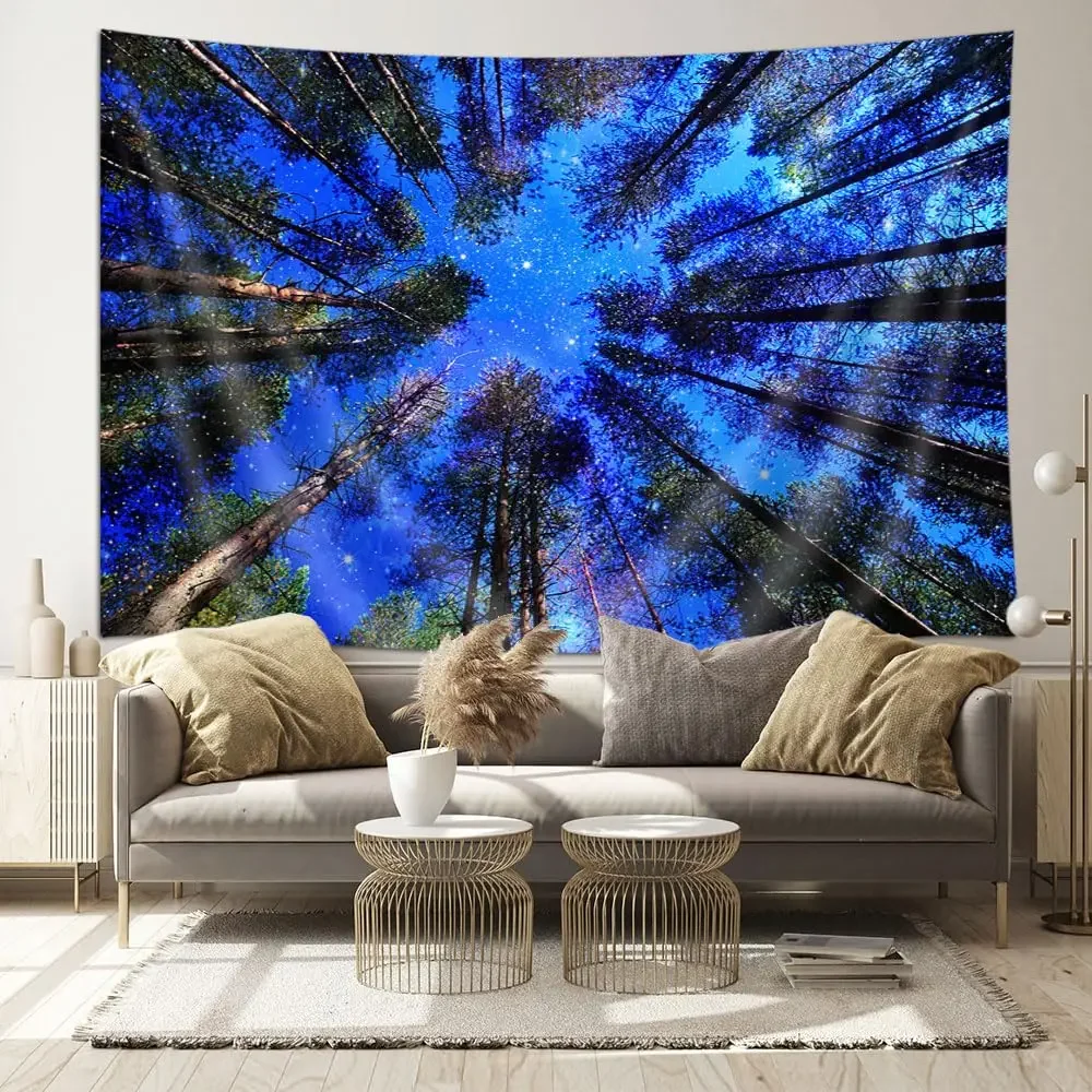 Trippy Moon Tree Forest Tapestry Galaxy Moon Stars Night Space Starry Sky Wall Hanging Tapestry Poster Blanket Dorm Home Decor
