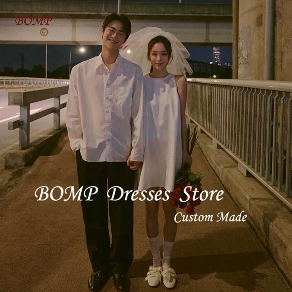 BOMP Simple Mini Short Wedding Dresses Korea Photo shoot O-Neck Sleeveless Bride Gowns Formal Party Dress Customized Japen