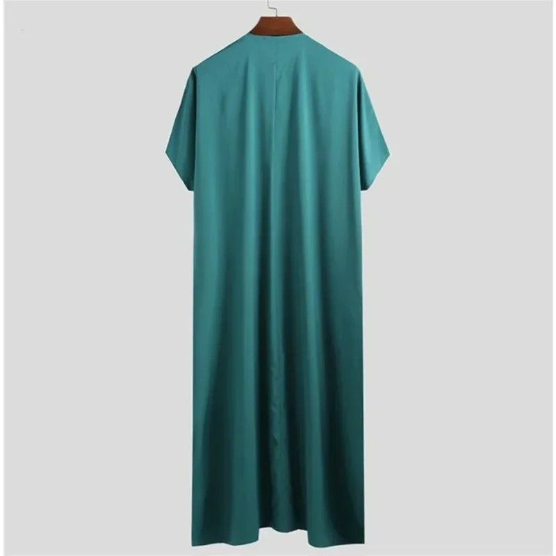 Islamic Arabic Kaftan for Men Vintage Solid Short Sleeve Loose Retro Robe Abaya Dubai Middle East Muslim Dress Men\'s Clothing