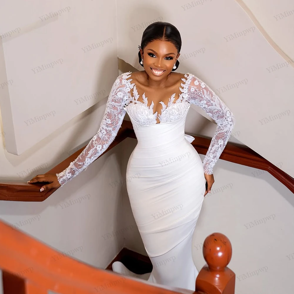 Vestidos de novia de satén de lujo 2 en 1, estilo sirena para novia, encaje, manga larga, tren desmontable, personalizado, 2026