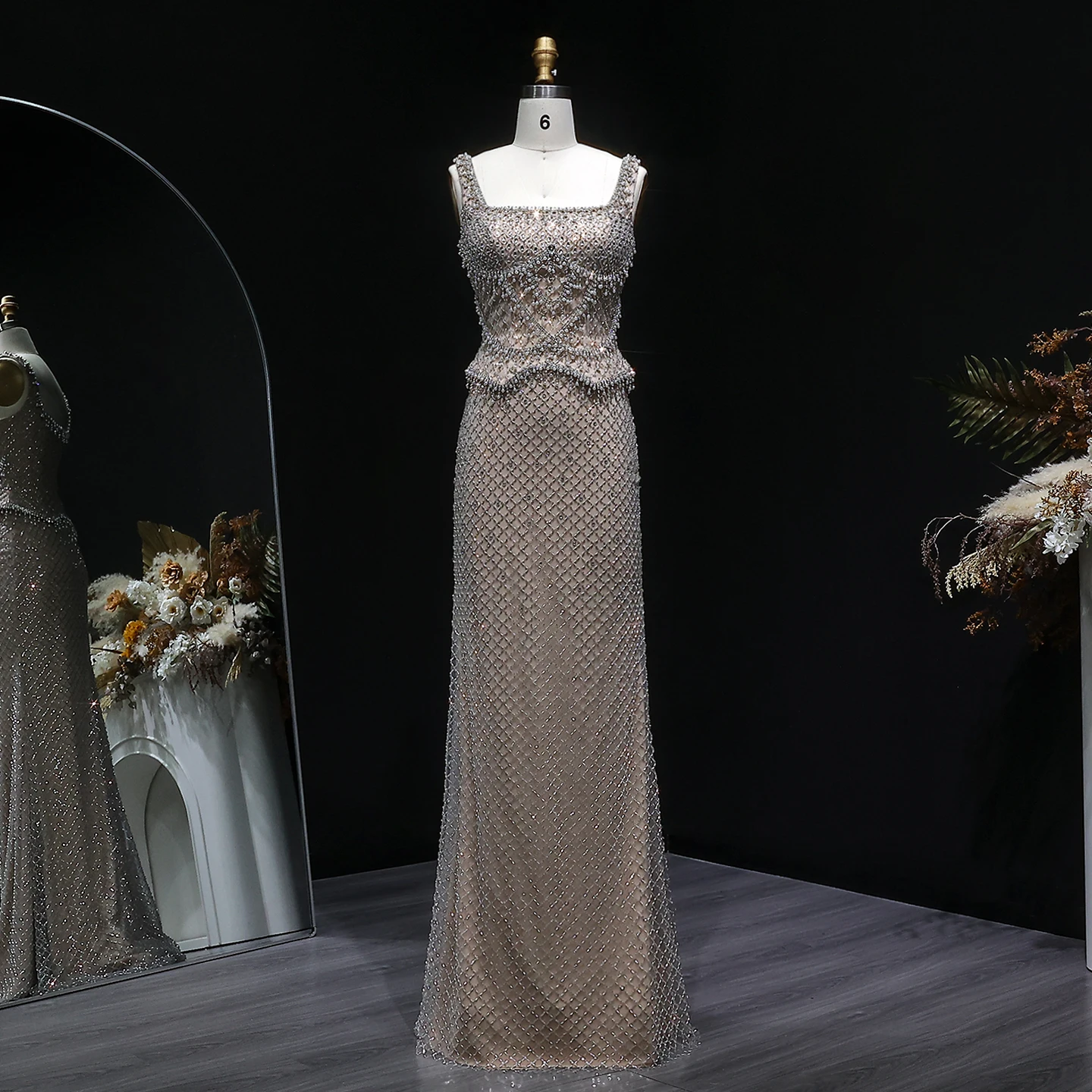 Sharon Said Luxuriöses Graues Meerjungfrauen-Abendkleid mit Zwei Teilen Perlen Kristall für Damen Hochzeit Party Ballkleid SS631 Maßanfertigung – Detail 11