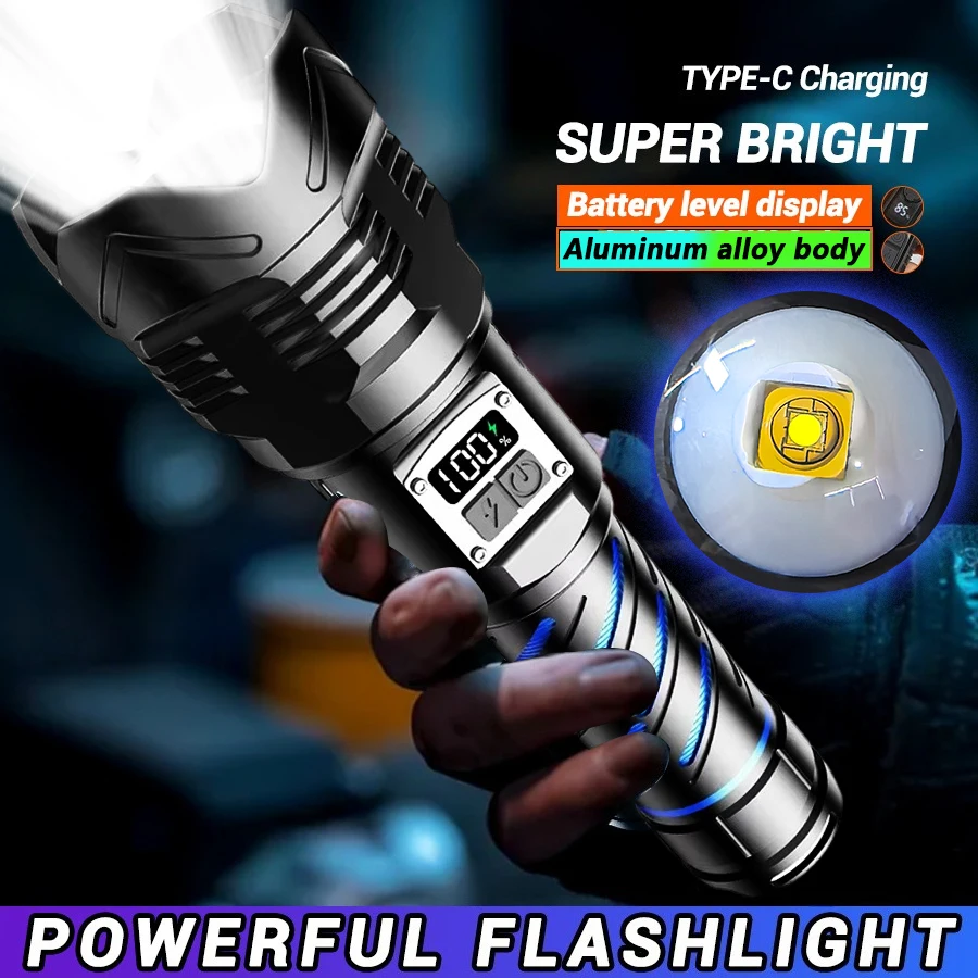 High Power LED Flashlight USB Rechargeable Strong Light Tactical Torch ELong Range Zoom Lantern Outdoor Camping Lamp Waterproof
