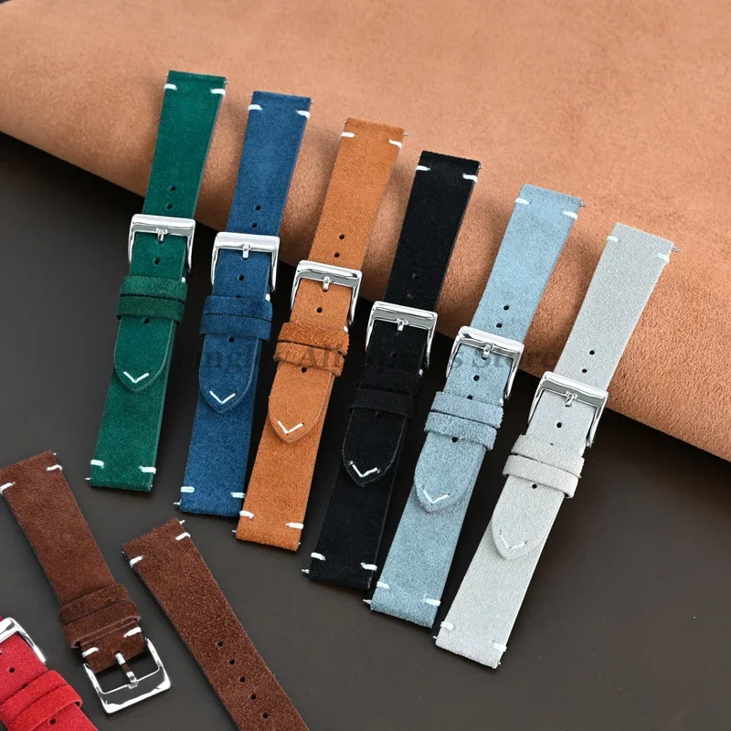 Vintage Genuine Suede Watch Straps 18mm 20mm 22mm Quick Release Watch Band Brown Black Handmade Stitching Wristband Accessories