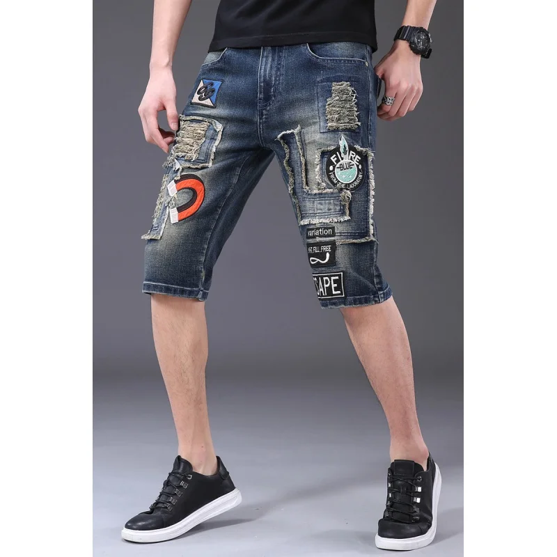 Summer Motorcycle Denim Shorts Men's Personalized Ripped Retro Cropped Pants Embroidered Patch Street Fashion Stretch Pants