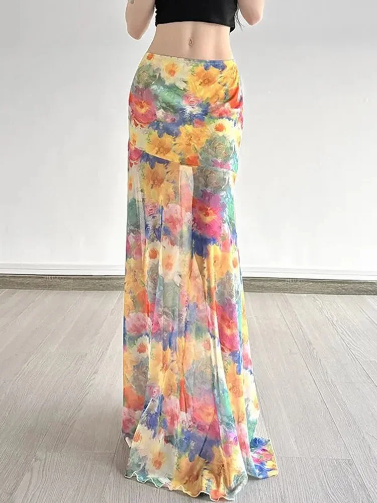Boho Floral Mesh Long Skirt Women Sexy Low Waist Ocean Holiday Skirts Summer Vintage Sweet Slim Lady Elegant Mermaid Long Skirts