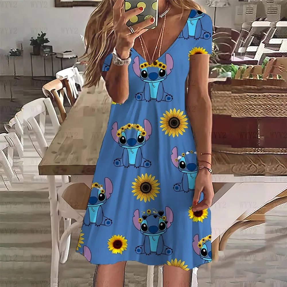 Elegantes und modisches, lockeres Sommer-Damen-Rollenspiel-Kleid mit V-Ausschnitt, lässiger und bequemer cooler Strandrock mit Disney-Stitch-Aufdruck