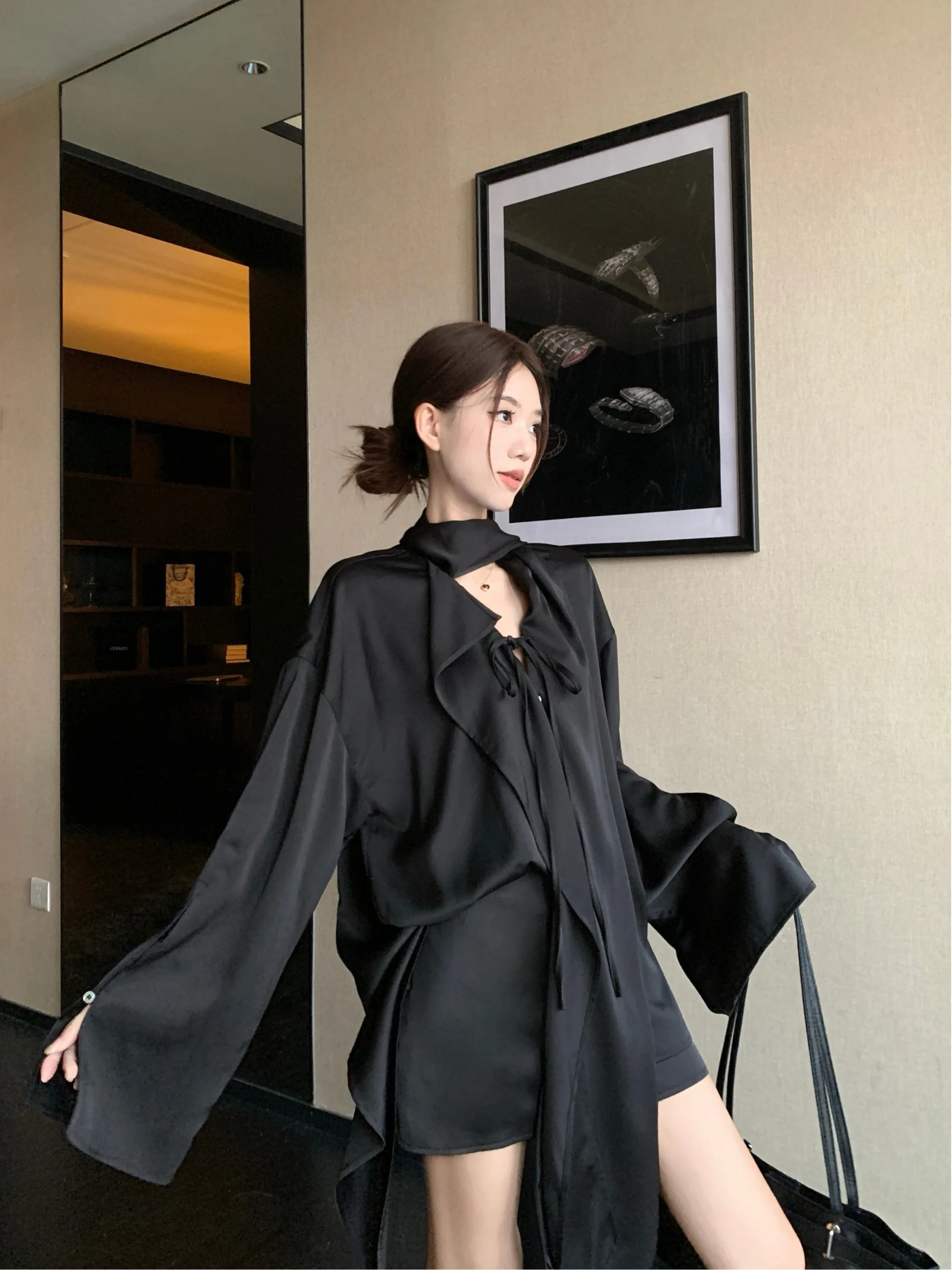 

Elegant plus Size Set Early Spring New Design Sash Satin High Waist Skirt Long Sleeve Black Shirt Korean Style Loose Fit