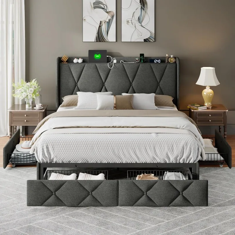 Full Bed Frame with 4 Storage Drawers,Upholstered Button Tufted Storage Headboard with Fast Charging Station,No Box Spring Need