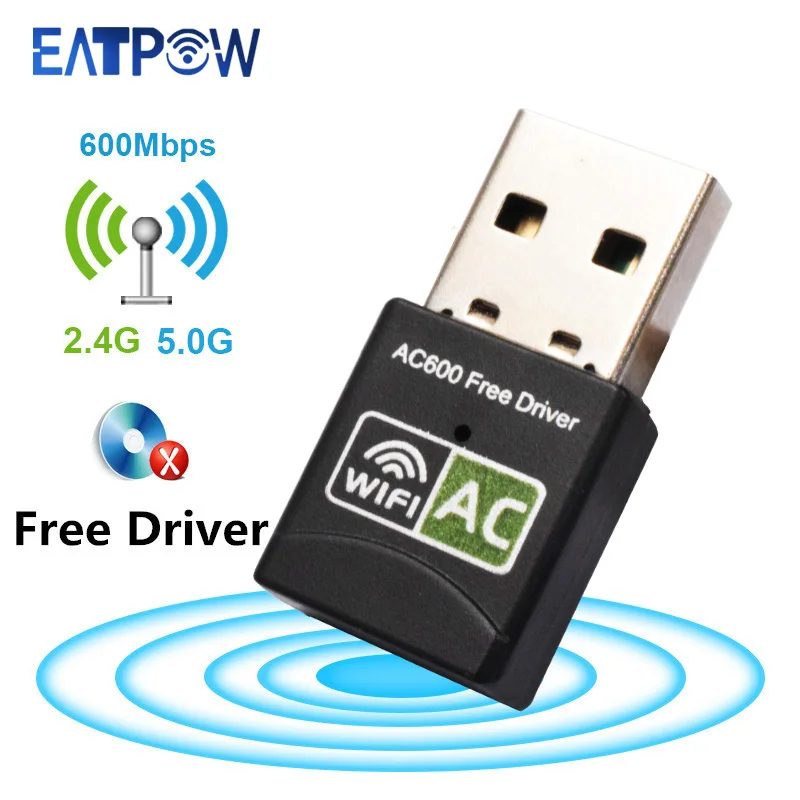 EATPOW-adaptador Wifi USB, receptor de controlador gratuito AC 600Mbps 802.11n, adaptador Ethernet, Wifi, tarjeta Wifi de doble banda para ordenador portátil