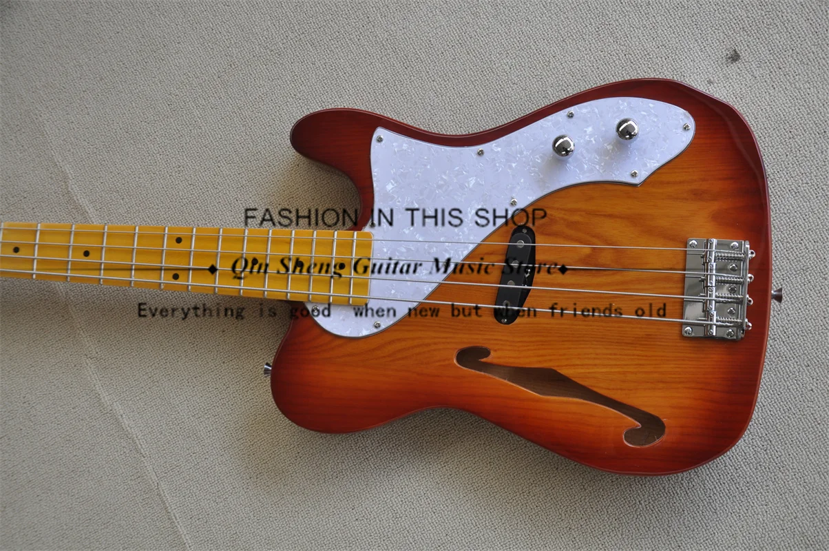 4 Strings Bass Semi Hollow Guitar Sunburst Cherry Bass ASH Wood Body Fixed Bridge Chrome Tuners White Pearl Pickguard