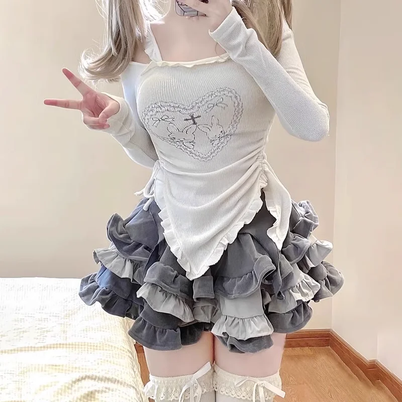 

Japanese Kawaii Two Piece Set Women Autumn Sweet Rabbit Print Cute Skirt Suit Female Korean Slim Tops＋Princess Cake Skirt