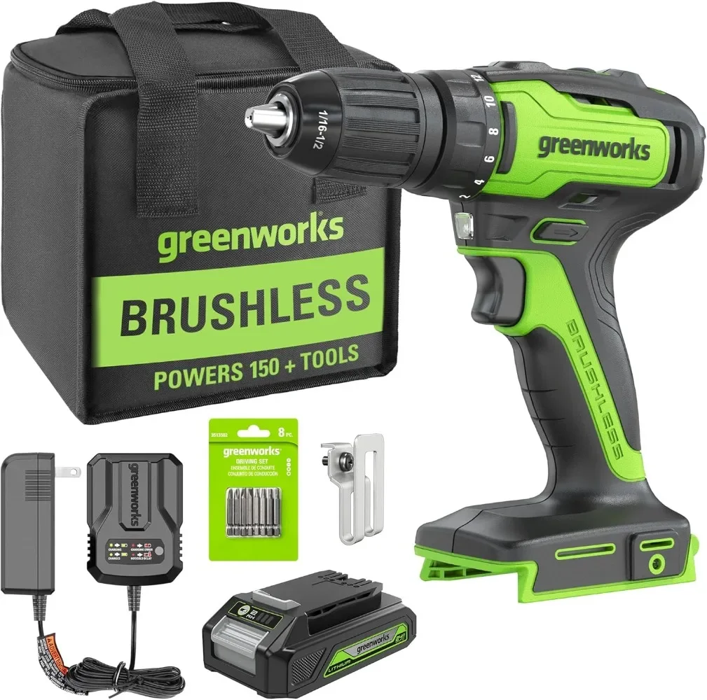 

Greenworks 24V Brushless Cordless Drill Kit, 310 in./lbs, 18+1 Position Clutch, 1/2 '' Keyless Chuck, Variable Speed, Battery