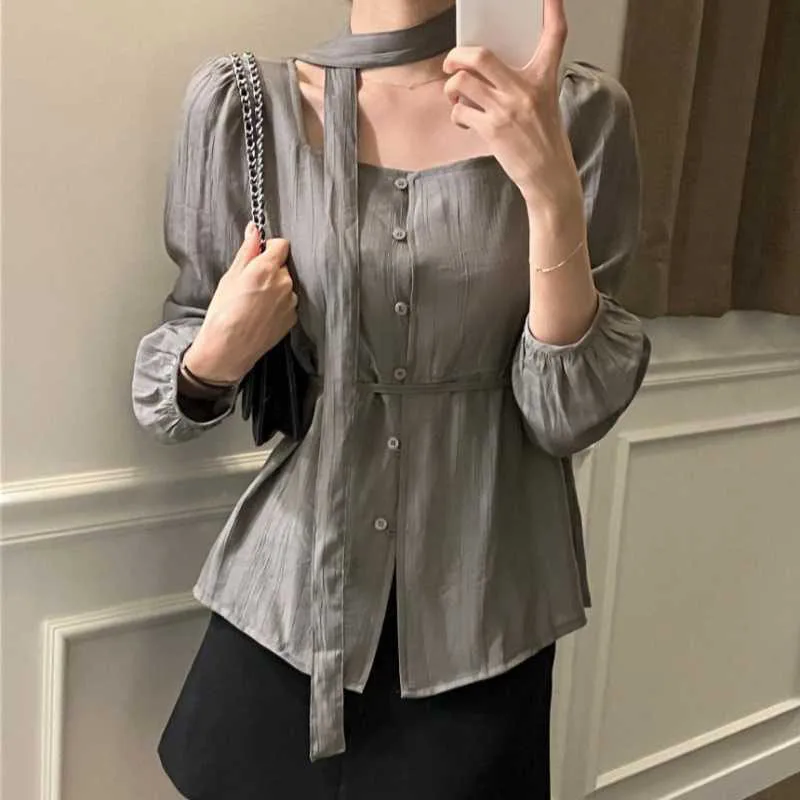 เสื้อเชิ้ตผู้หญิงแขนยาวผูกเชือก คอเหลี่ยม กระดุมแถวเดียว สีพื้น เรียบหรู ดูดี มีสไตล์ สำหรับฤดูใบไม้ผลิและฤดูใบไม้ร่วง