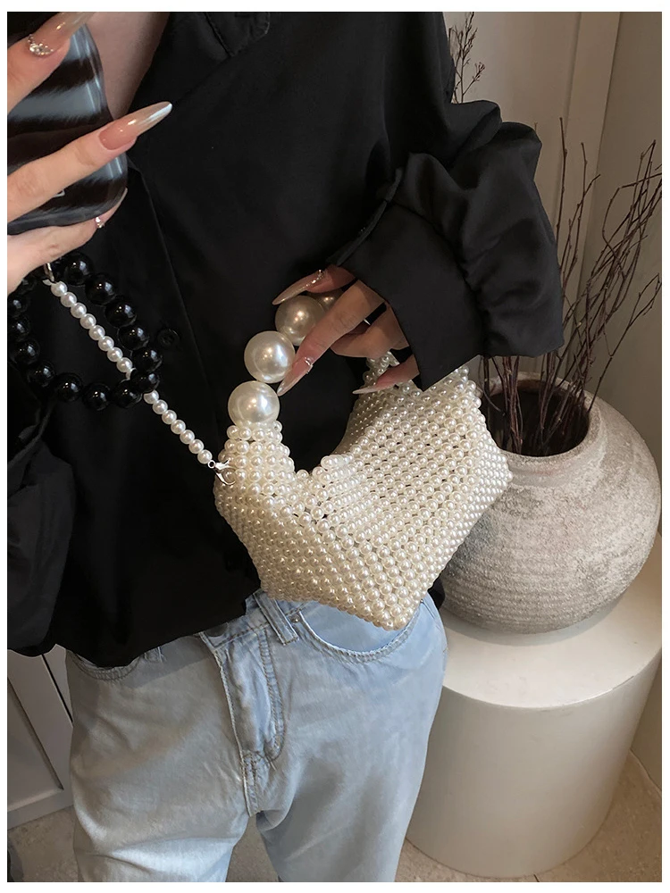 2024 Spring New Pearl Beaded Handbag for Women French Retro Fairy Woven Banquet Bag Trendy Large Capacity Portable Shoulder Bags