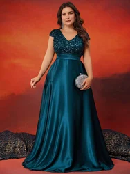 BLUEPLUM Plus Size Elegant V-Neck Green Sequin Evening Dress Long Luxury Women Satin Short Sleeves Party Prom Cocktail Dress