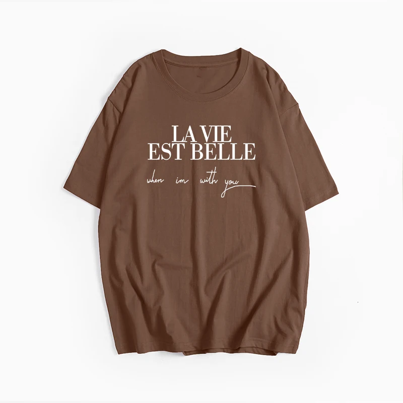 Women's Vintage Letter Print Oversized Cotton T-Shirt - Short Sleeve Tee