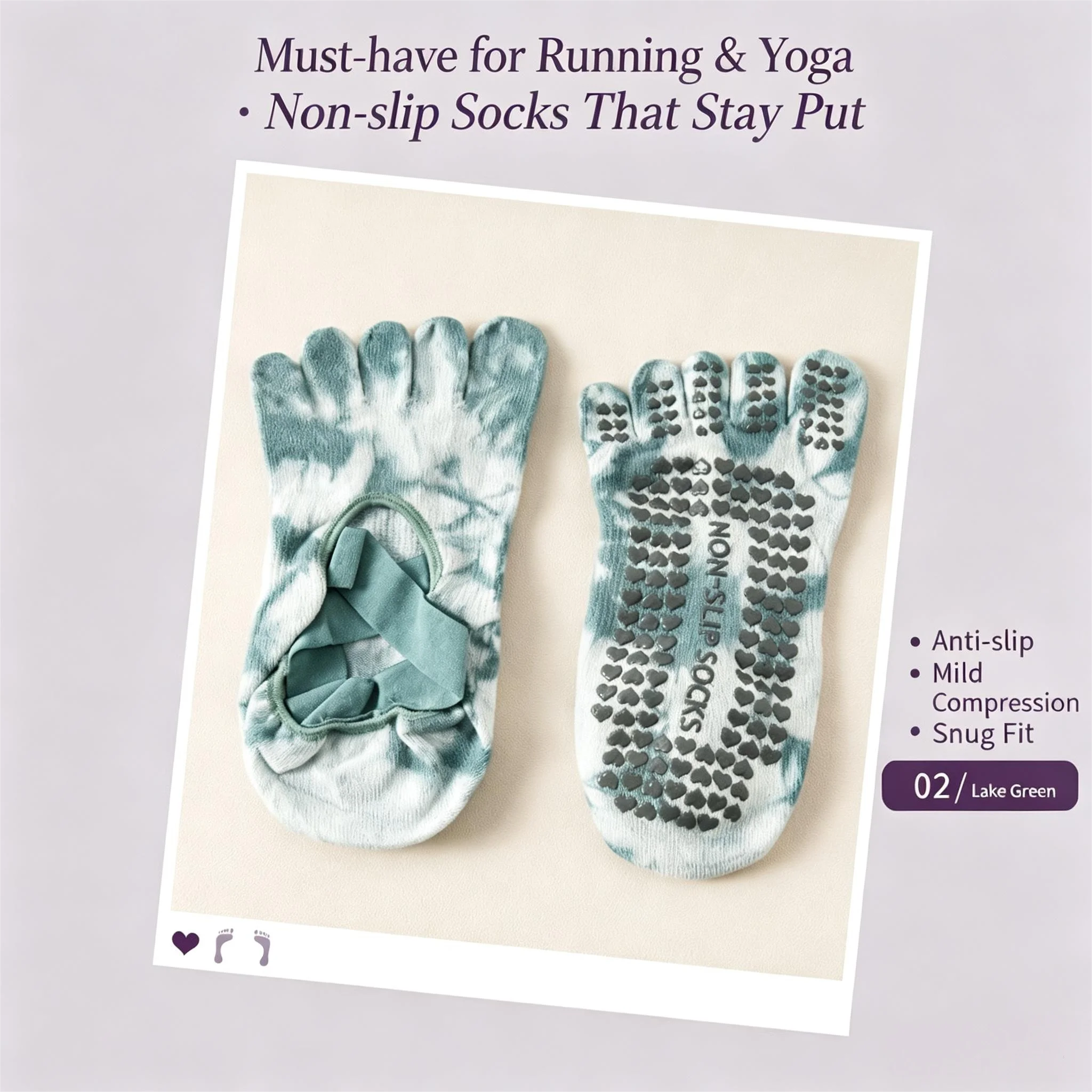 Tie Dye Five Toe Yoga Socks For Women, Cotton Non Slip Grip Pilates Socks, Breathable Sweat Wicking Separate Toe Indoor Sport