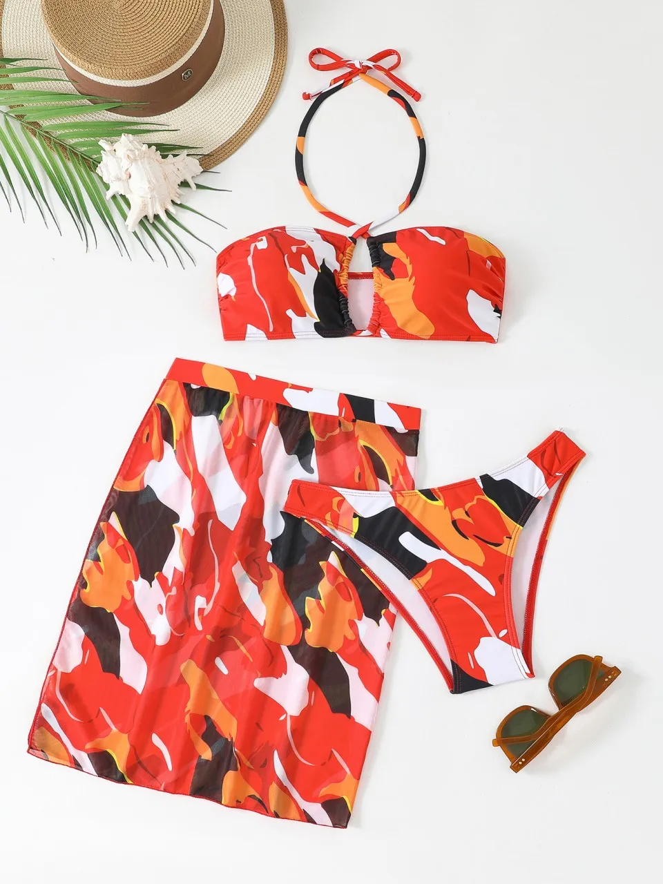 Strój kąpielowy bikini 3-częściowy z wiązaniem na szyi i koronką, spódniczka plażowa, seksowna odzież kąpielowa damska, kostium kąpielowy na lato, odzież plażowa 2026