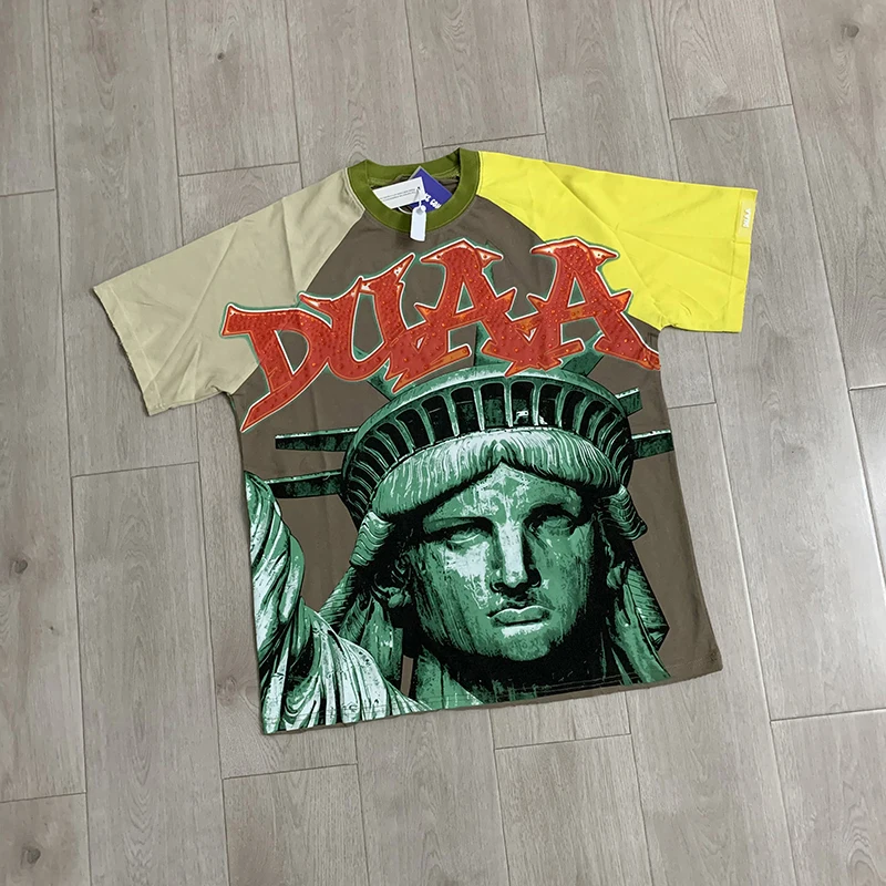 2026SS DUAA Streetwear T Shirt Men Statue of Liberty Theme Print Raglan Short Sleeve Casual Hip Hop Top