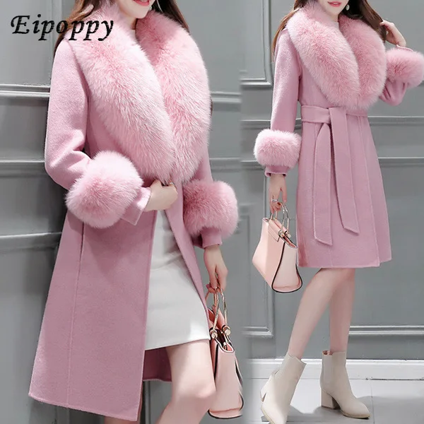 Woolen Coat Women's Mid-Length Korean Style New Winter Slim Fit Tied Big Fur Collar Woolen Coat