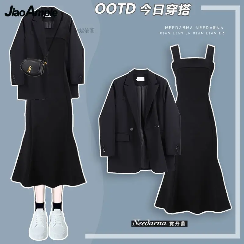 Women Autumn Winter New Casual Blazers Jacket+sexy Split Sling Skirt Two-piece Korean Elegant Loose Suit Coat Dress Matching Set