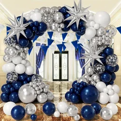 131pcs Navy Blue Silver and White Balloon Garland Arch Kit for Winter, Birthday, Anniversary, Graduation Ceremony Decoration