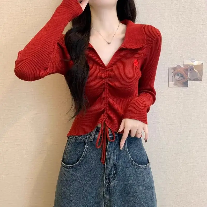 French Style Red Drawstring Long Sleeve Knit Top For Women Y2k Sexy Slim Fit Cropped Sweater Autumn Casual Streetwear