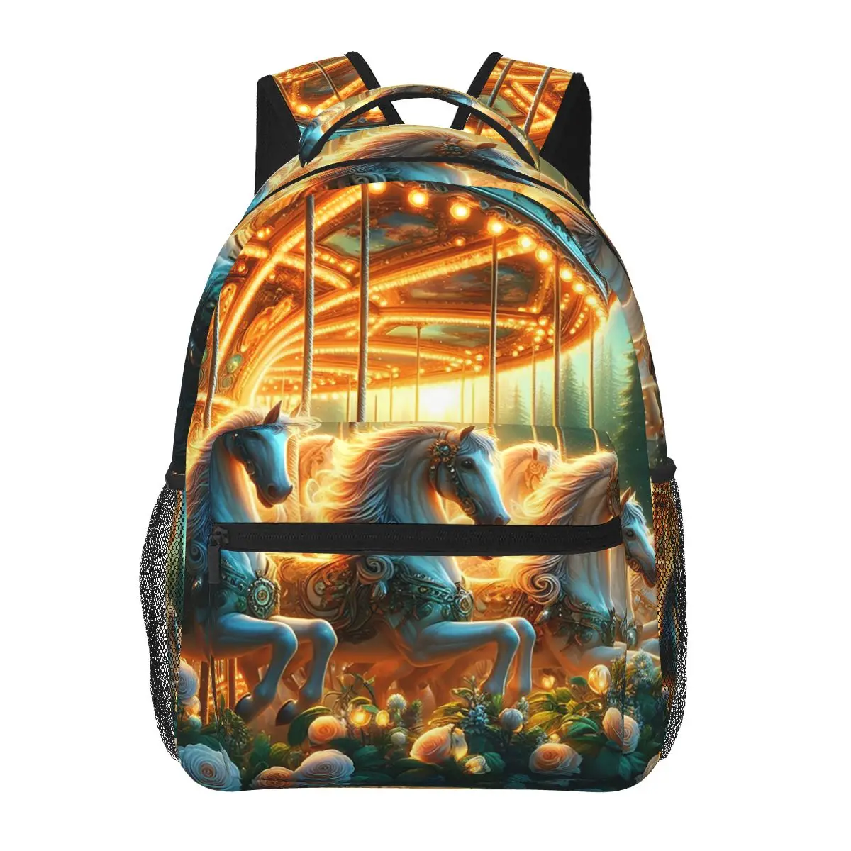 Glowing Horse Carousel With Roses Around Backpack Hot Sale Daypack Large Capacity BookBag School Bag Shoulder Bags for Men Women