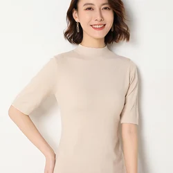 Suéter de cachemira de manga corta para mujer, Jersey holgado de Cuello medio alto, camisa de fondo de punto, tops femeninos, primavera y verano, nuevo