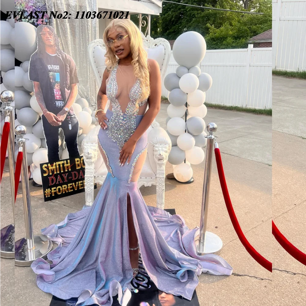 

EVLAST Customized Shiny African Lavender Mermaid Prom Dress Black Girls High Slit Crystal Beaded Formal Party Gown Soirée E2P321