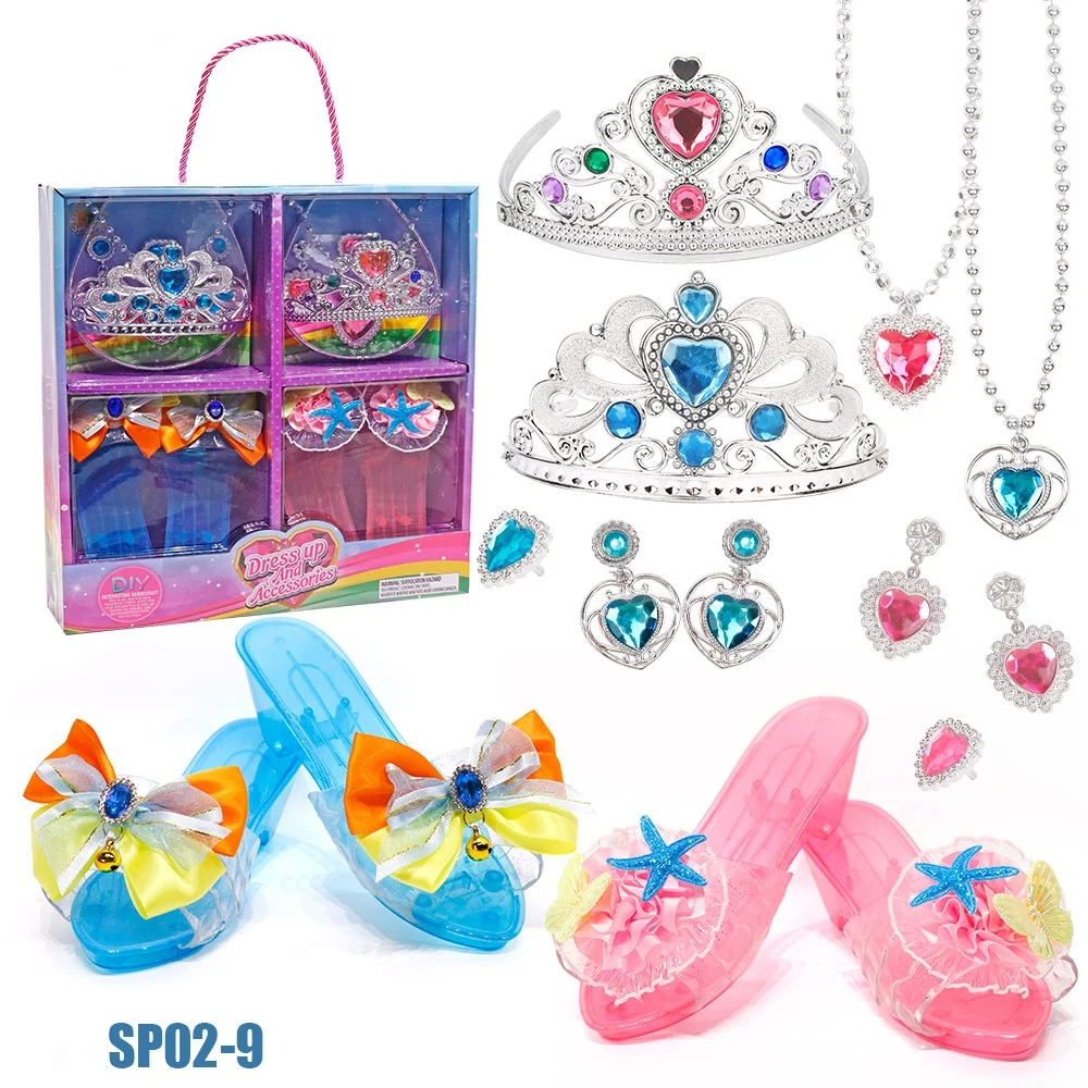 Conjunto de brinquedos de princesa com sapatos de cristal, colar, brincos e caixa de joias para crianças – ideia para festas de aniversário e brincadeiras
