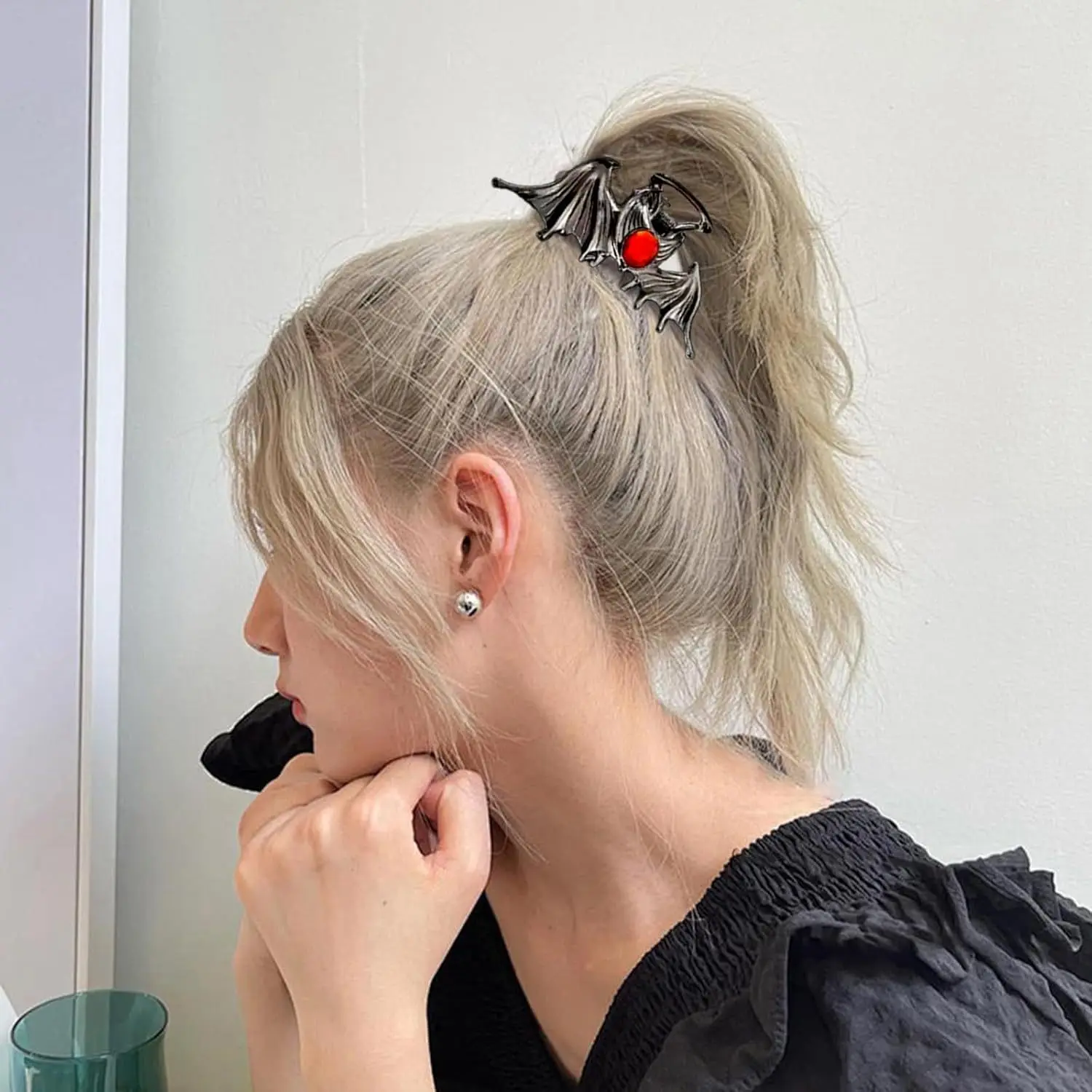 Metal Sliver Bat Hair Grab Clip Ruby Inlaid Hairpin Halloween DIY Decorations Shark Clip Headdress Hair Claw Halloween Gifts New view 5